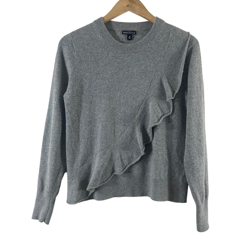 J.Crew Mercantile Womens Gray Ruffle Cotton Wool Blend Crewneck Sweater Size M‎